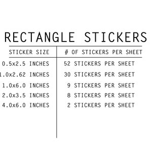 May include: A chart showing the number of rectangle stickers per sheet based on the sticker size in inches.  The sticker sizes are 0.5x2.5 inches, 1.0x2.62 inches, 1.0x6.0 inches, 2.0x3.5 inches, and 4.0x6.0 inches.