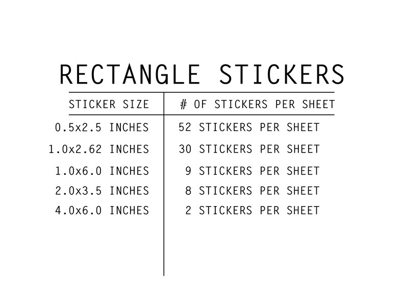 May include: A chart showing the number of rectangle stickers per sheet based on the sticker size in inches.  The sticker sizes are 0.5x2.5 inches, 1.0x2.62 inches, 1.0x6.0 inches, 2.0x3.5 inches, and 4.0x6.0 inches.