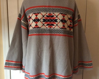 Vintage 70's Wide Bell Sleeve Grey & Red Argyle Fair Isle Sweater L/XL