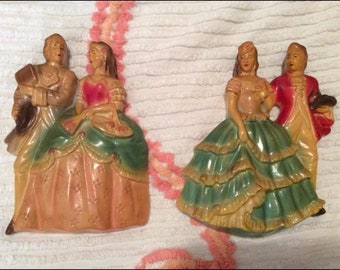 Vintage 50's/60's Set of 2 Chalkware Wall Hangings Victorian Couple Lady Man