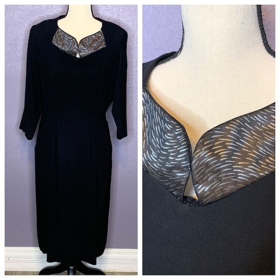 Vintage 1940’s Inky Black Crepe Dress L/XL
