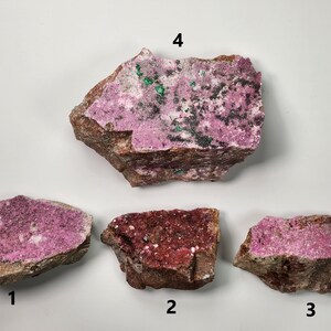 May include: Four pieces of pink, red, and green cobalt ore. The ore is rough and has a crystalline texture. The pieces are labeled 1 through 4.