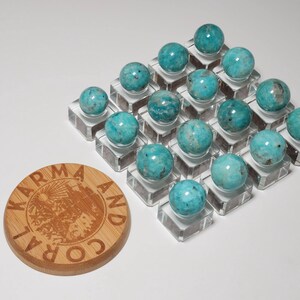 May include: A collection of 20 turquoise blue spheres arranged in a grid pattern on clear acrylic stands. The spheres are all approximately the same size and have a smooth, polished surface. The spheres are displayed on a white surface. A wooden coaster with the text "Karma and Coral" is in the lower left corner of the image.