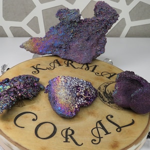 May include: Four iridescent purple and blue gemstone clusters on a wooden base with the words "Karma Coral" engraved on it.