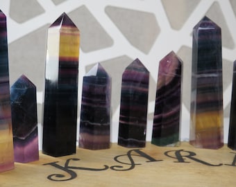 Rainbow Fluorite Towers, Fluorite Gemstone Towers, Purple Fluorite Tower, Teal Fluorite Towers, Yellow Fluorite Tower