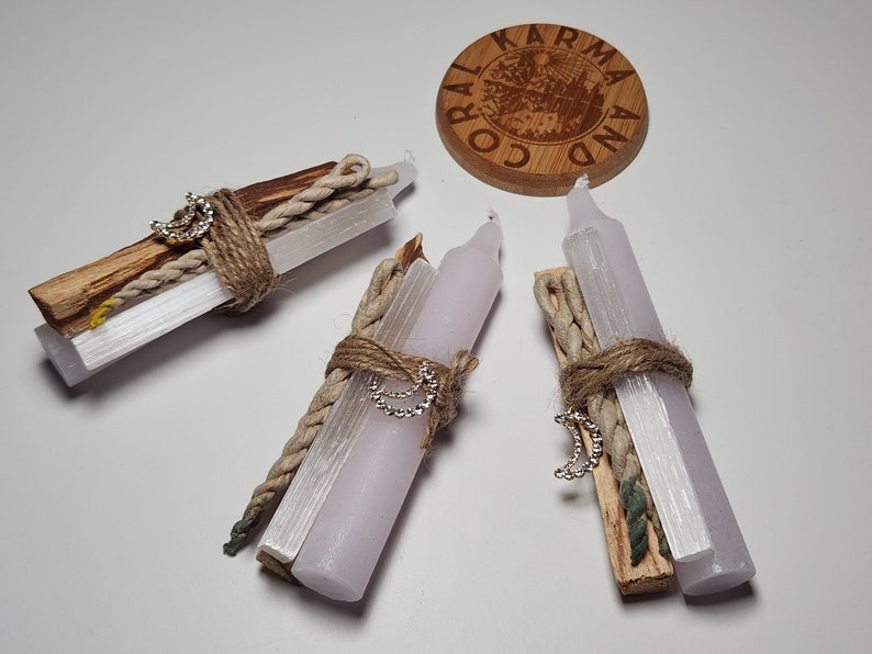 Crystal Candle Set, Candle Magic, Candle Manifesting and cleansing bundle, Candle Selenite and Palo Santo, Palo Santo & incense Cleansing image 1