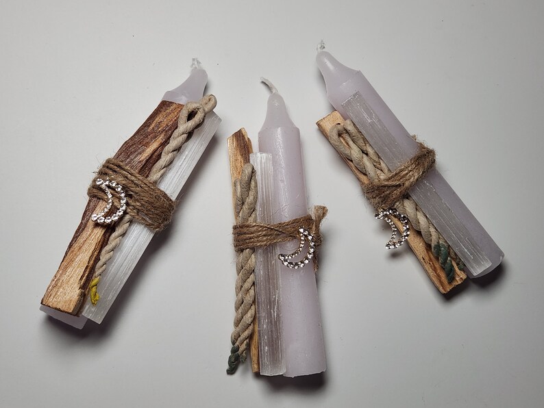 Crystal Candle Set, Candle Magic, Candle Manifesting and cleansing bundle, Candle Selenite and Palo Santo, Palo Santo & incense Cleansing image 4