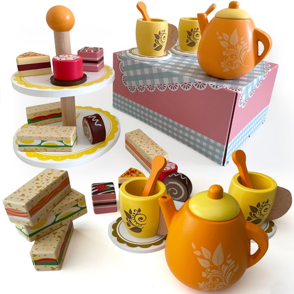 Wooden Tea Set - 17 Piece | Kids Pretend Afternoon Tea Party Playset with Cake, Stand, Teapot, Food & Accessories | Imaginative Play