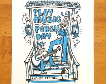 Play Music on the Porch Day 2016! 2 Color, Hand Carved, Hand Printed, Linocut Relief Print.