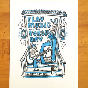 Play Music on the Porch Day 2016! 2 Color, Hand Carved, Hand Printed, Linocut Relief Print.