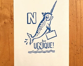 N is for Narwhal, Be Unique Print. 5" x 7" Relief Print, linocut.