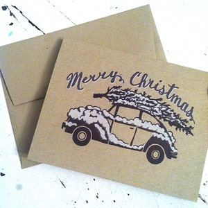 Feliz Navidad VW Bug, A2 tarjeta de Navidad de tipografía con sobre de Kraft.