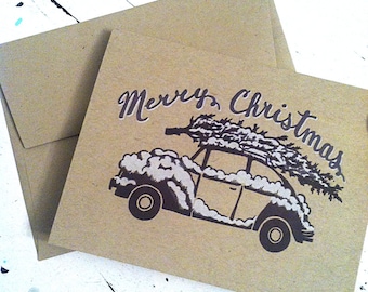 Merry Christmas VW Bug, A2 Letterpress Christmas Card with Kraft Envelope.