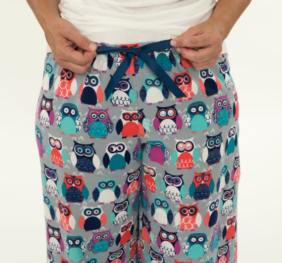 Women's Owl Pajama Pants - Cozy Flannel Sleep Bottoms Separates for Her - Ladies Juniors Sleepwear Loungewear Colorful Print Pattern-Gray