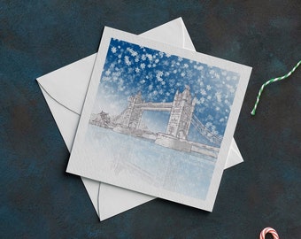 Kartka świąteczna z londyńską architekturą – Tower Bridge – świąteczne kartki z ręcznie rysowanymi ilustracjami