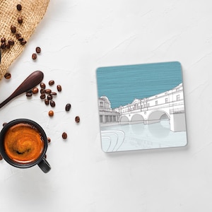Pulteney Bridge, Bath UK Blue Drink Coaster - Unique Designer Coaster, Heat Resistant, Wipeable, Cork Back, Coffee, Square Placemat