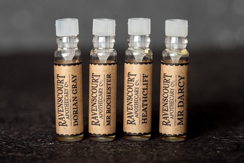 Men's Literary Fragrance Sample Set Natural Cologne Samples: Mr Darcy, Heathcliff, Dorian Gray and Mr Rochester. 1 ml Vials image 4