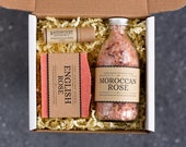 Rose Skincare Set - Gift For Her. Moroccan Rose Bathing Salts, English Rose Vegan Soap & Nightingale's Rose Lip Balm.