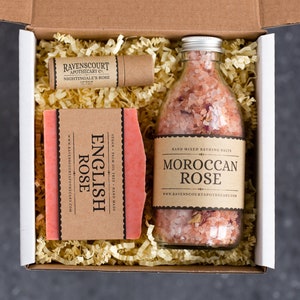 Rose Skincare Set - Gift For Her. Moroccan Rose Bathing Salts, English Rose Vegan Soap & Nightingale's Rose Lip Balm.