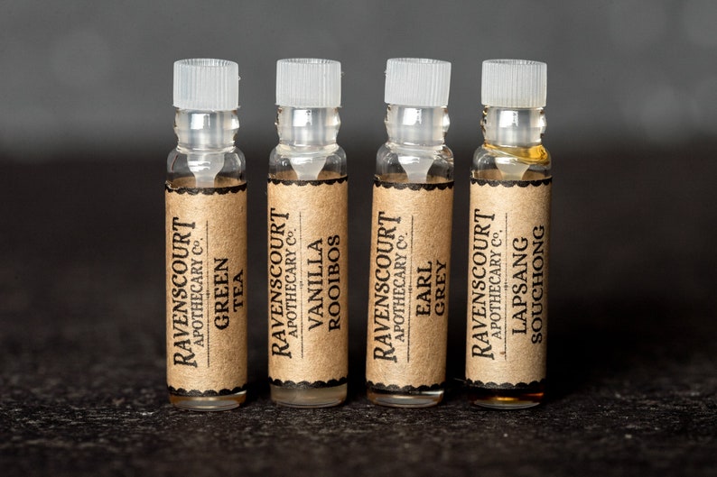 Tea Perfume Sample Set Vanilla Rooibos, Green Tea, Lapsang Souchong and Earl Grey. 1 ml Vials image 3