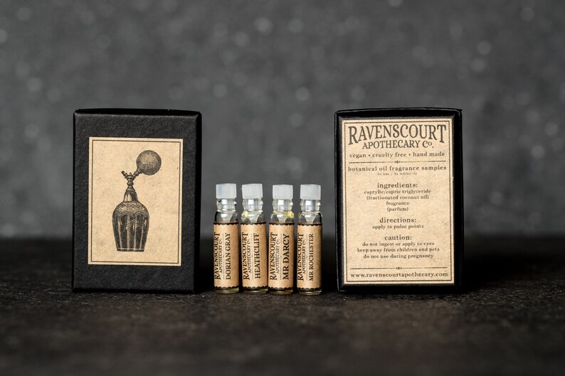Men's Literary Fragrance Sample Set Natural Cologne Samples: Mr Darcy, Heathcliff, Dorian Gray and Mr Rochester. 1 ml Vials image 2