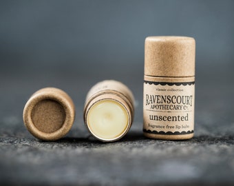 Unscented Vegan Lip Balm - Fragrance Free Unisex Lip Balm - Plastic Free, Compostable, Recyclable, Zero Waste Vegan Lip Balm