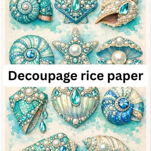 May include: Decoupage rice paper featuring a collection of various seashells and a starfish, each intricately decorated with small white pearls and bright turquoise blue gemstones. The background is a light cream color with soft blue watercolor splashes.