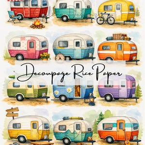 Mini Travel Trailer Decoupage Rice Paper Watercolor Sheet – 8x10 Camper Art, Boho Road Trip Decor, Adventure Wall Art