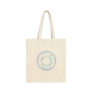 May include: Cream-colored tote bag featuring a circular graphic of an astronaut helmet in shades of blue, teal, and red. The design is centered on the bag, with the handles extending upwards. The bag is made of a sturdy fabric.