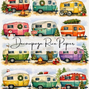 Mini Travel Trailer Christmas Decoupage Rice Paper – 8×10 Festive Camper Collage, Boho Road Trip Decor