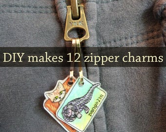 DIY Kit 12 Shrinky Dinks Animal Zipper Pull Charms for Birthday Party Activity Adult Coloring Book Teen Fun Art Therapy Geek Chic