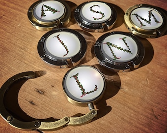 Watercolor Fern Floral Initial Handbag Hanger Bag Purse Hanger folding Hook Holder for Restaurant Table Diaper Bag Keeper Lunchbox Hook