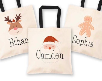 Personalized Christmas Tote Bags for Kids Custom Christmas Holiday Gift Bag with Names Gingerbread Man Santa Reindeer Tote (EB3216XMAS-NAT )