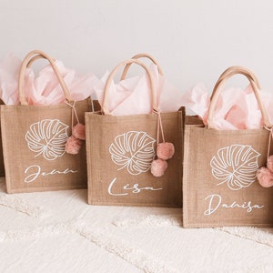 Custom Palm Leaf Tote | Burlap Beach Bag | Summer Bachelorette Party Bags | Matching Tote Bags | Girls Trip Idea | Tropical Bags (EB3259PLM)