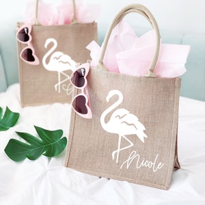 Flamingo Tote Bag Bachelorette Gift Bag Burlap Personalized Beach Tote Tropical Bridesmaid Gift Ideas Beach Bridesmaid Gifts(EB3259FLM)