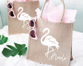 Flamingo Tote Bag Bachelorette Gift Bag Burlap Personalized Beach Tote Tropical Bridesmaid Gift Ideas Beach Bridesmaid Gifts(EB3259FLM)