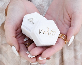 Wedding Ring Box - Engagement Ring Box - Wedding Flat Lay  - White & Gold Velvet Hexagon Box - Proposal Ring Box - Mrs Gift Idea (EB3463MRS)