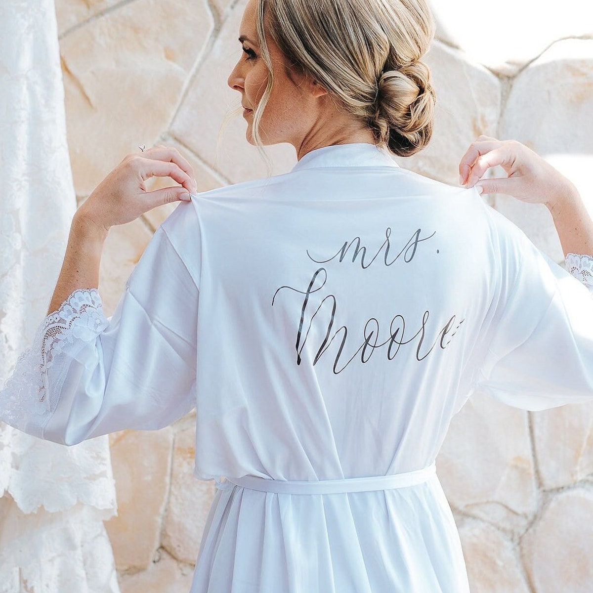 Custom Bride Robe Satin With Lace Trim Robe Bride Getting Ready Robe White Bride Robe Wedding Day Robe Custom Satin Robe EB3260P - Etsy
