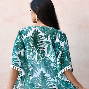 Bride Swim Cover Up Palm Leaf Bride Swimsuit Cover Up Beach Bride Gifts Honeymoon Gifts for Bride Bride Pom Pom Cardigan (EB3392WD)