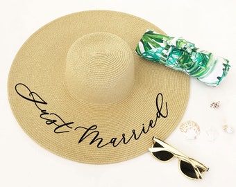 Just Married Hat - Honeymoon Gifts Sun Hat - Honeymoon Hat - Personalized Just Married Beach Hat - Bridal Shower Gift for Bride (EB3270P)