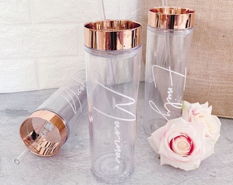 Rose Gold Tumbler with Straw Personalized Bridesmaid Tumblers Set of 5, 7, 4, 8, 6, 9 - choose ANY qty - Personalized Gifts (EB3113ANS)