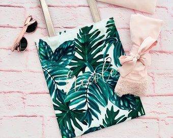 Palm Leaf Tote Bags Personalized Tote Bag Tropical Tote Bag Tropical Bachelorette Beach Bridesmaid Gift (EB3293PLM)