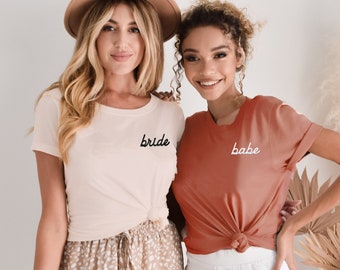 Bride & Babe Bachelorette Party Shirts for Bridesmaid Shirt Neutral Cream Clay Terra Cotta Boho Shirts Women (EB3291EMB) SEMI-FITTED SHIRT