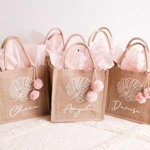 Beach Bachelorette Tote Bag for Bridesmaids - Palm Leaf Bag  Tropical Personalized Beach Gift Bags Bachelorette Burlap Jute Tote (EB3259PLM)