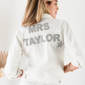 Personalized Wedding Jacket Bride Denim Jacket Bride Jean Jacket Personalized Jacket Mrs Jacket Bridal Shower Gift Ideas (EB3362SQP) - WHITE