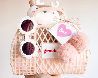 Personalized Valentines Basket for Kids Valentine's Day Gift Bag for Girls Valentine Gift for Children DIY Basket (EB3470GFL) EMPTY Bag