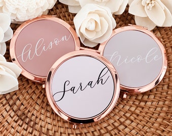 Wedding Favour Any Name & Message Engraved Polka Dot Sky Personalised Rose Gold Love Heart Shape Compact Mirror For Bridesmaid 