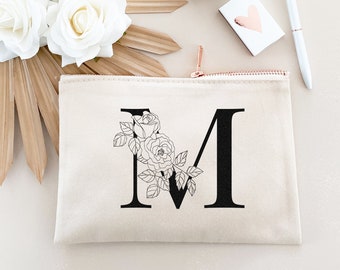 Floral Monogram Make Up Bag Monogrammed Initial Cosmetic Bag Cute Holiday Gifts for Friends, Teens, Women, Bridesmaids (EB3222FLRM)