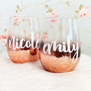 Personalized Stemless Bridesmaid Glasses ROSE GOLD Wine Glasses Personalized Bridesmaid Wine Glasses (EB3308P)