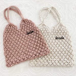 Matching Bride & Babe Boho Bags - Pink White Macrame Bags - Bachelorette Party Bags - Hobo Beach Bag for Her (EB3433EMB)
